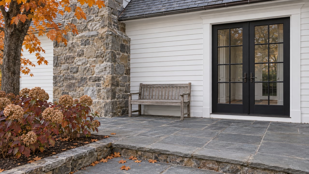 White clapboard house with black French doors, fieldstone chimney and a bluestone terrace edged by autumn oakleaf hydrangeas.