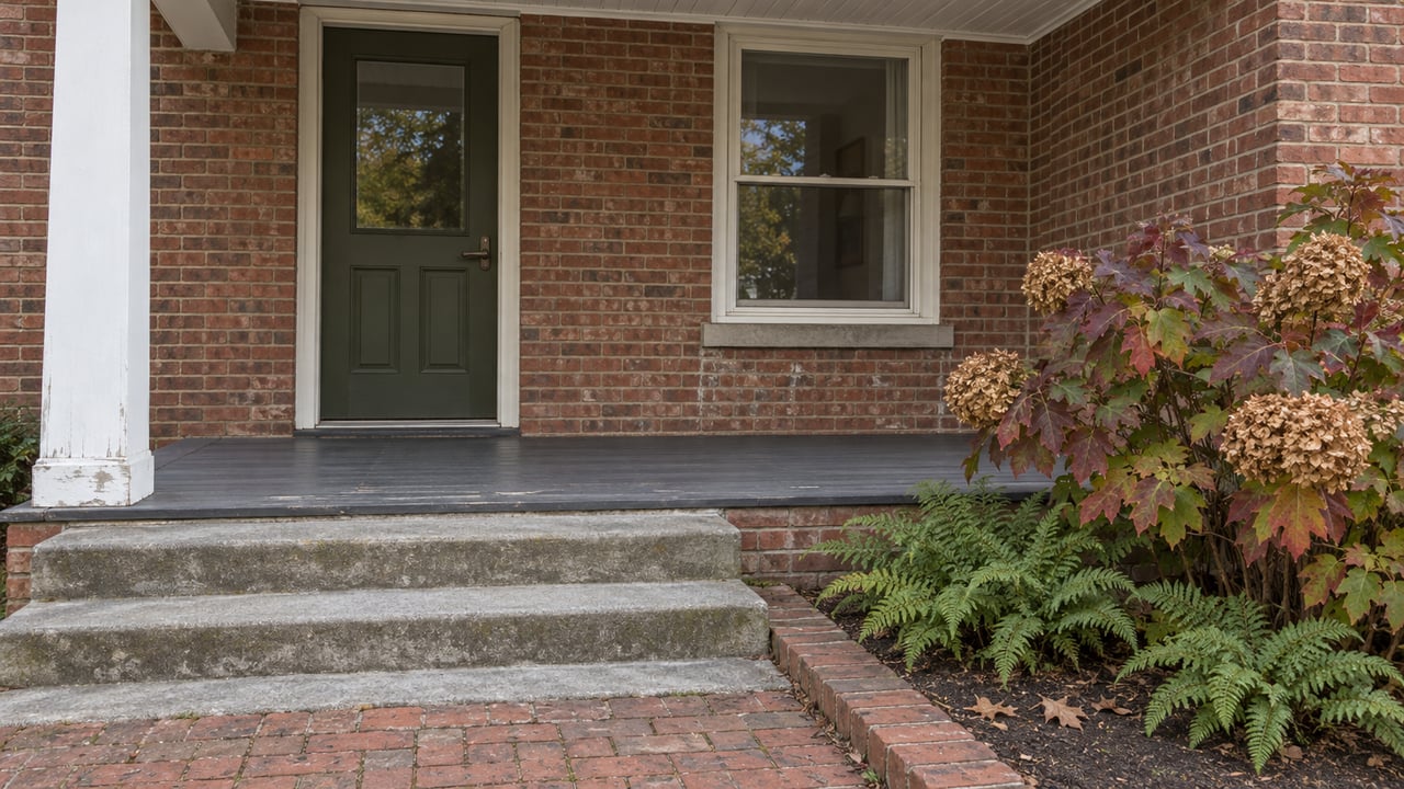 Brick house porch with a dark green door, concrete steps, and autumn plants.