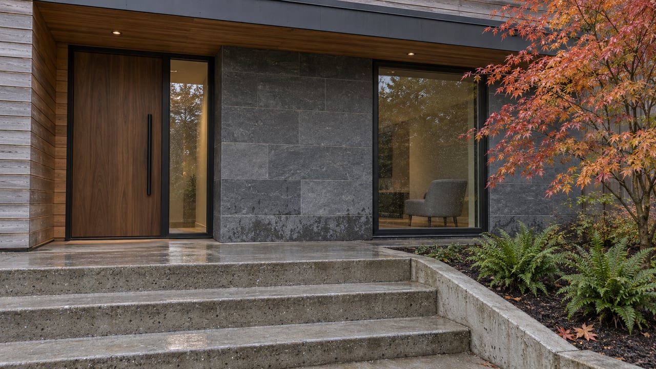 Rain-damp concrete steps lead to a cedar and charcoal-stone home with black-framed glazing and a red-gold vine maple.