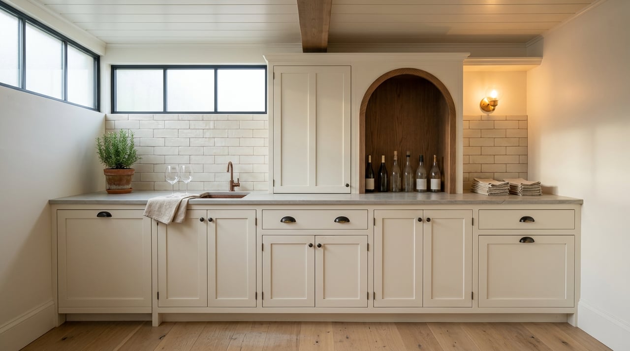 Warm-white butler’s pantry with an arched wine niche, six bottles, and a rosemary plant on the counter.