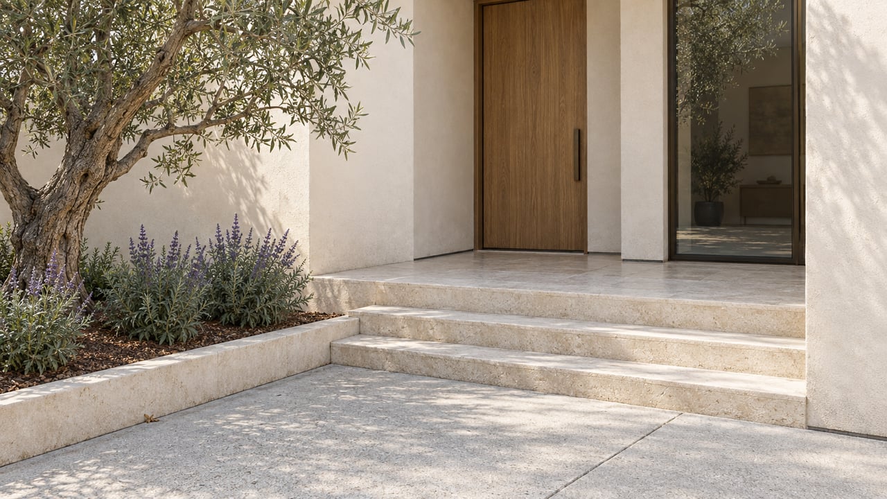 Cream stucco home with a recessed oak entrance, bronze-framed window and limestone steps beside a mature olive tree.