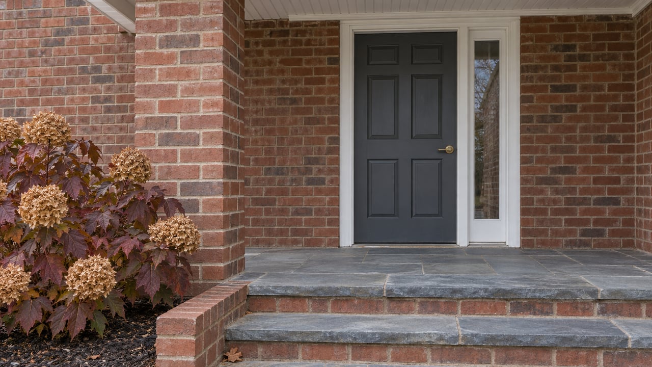 Sheltered brick entry with a charcoal paneled door, bluestone steps, and burgundy oakleaf hydrangea foliage.