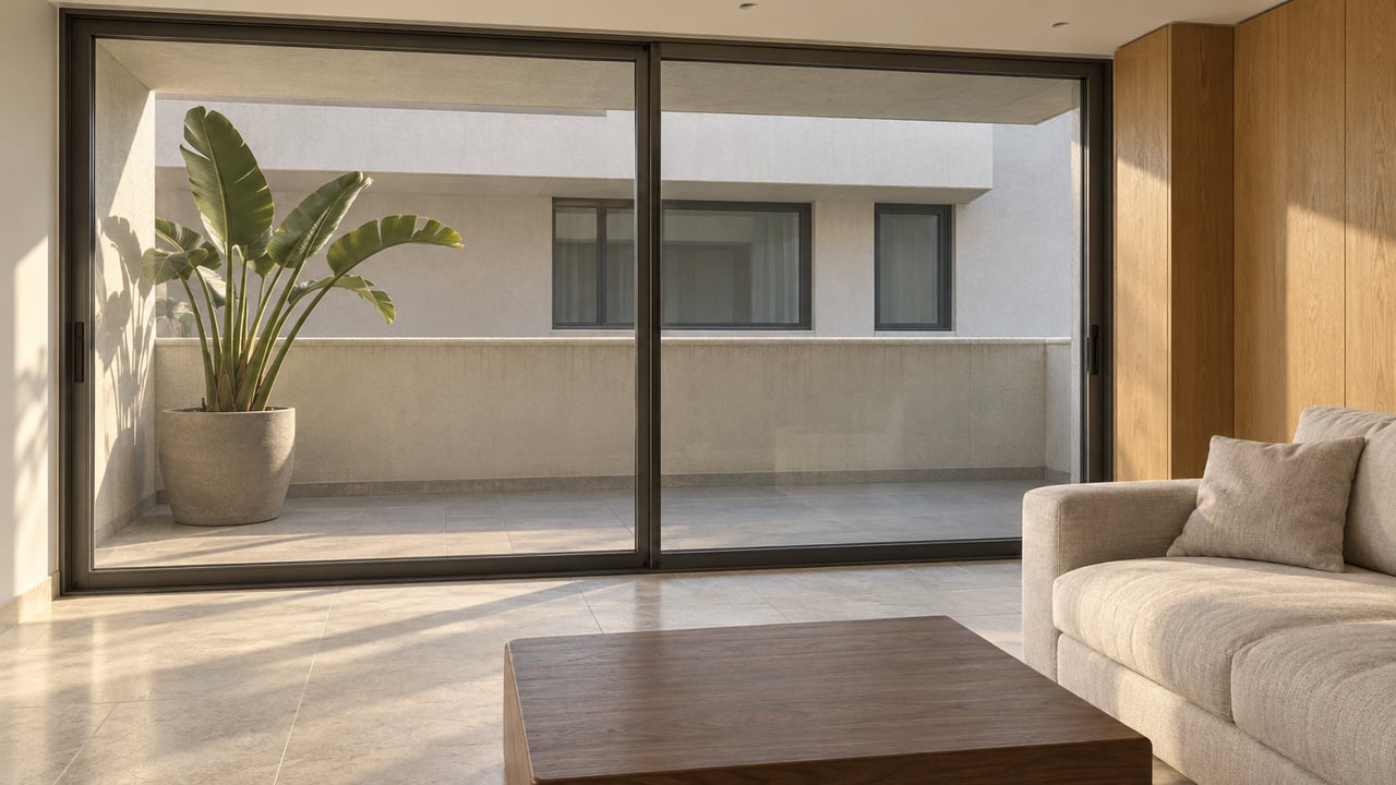 Condominium living room with pale limestone flooring, oak paneling and closed glass doors opening visually onto a covered balcony.