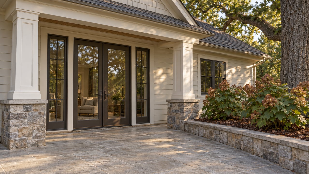 Tall glazed doors beneath a gabled porch, with limestone terrace paving and oakleaf hydrangeas in a raised stone bed.