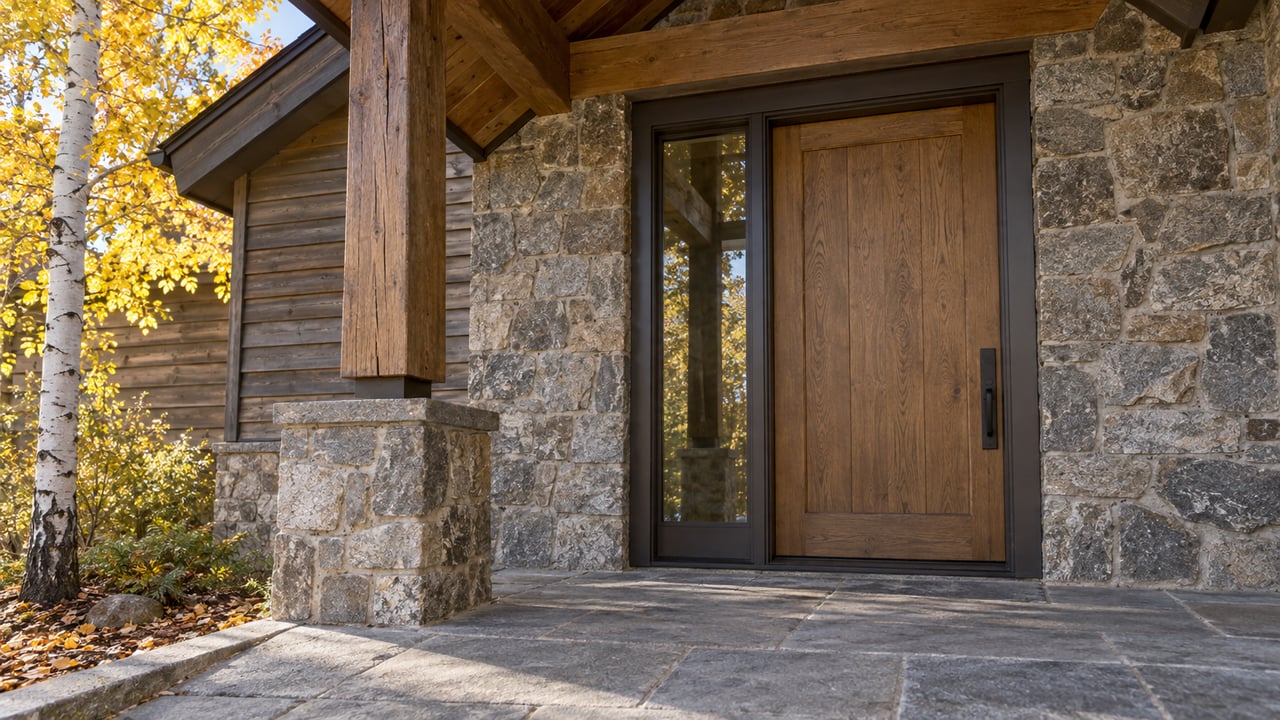 Autumn sunlight on a timber-covered entrance with granite walls, cedar siding and a golden-leaved aspen beside the stone landing.