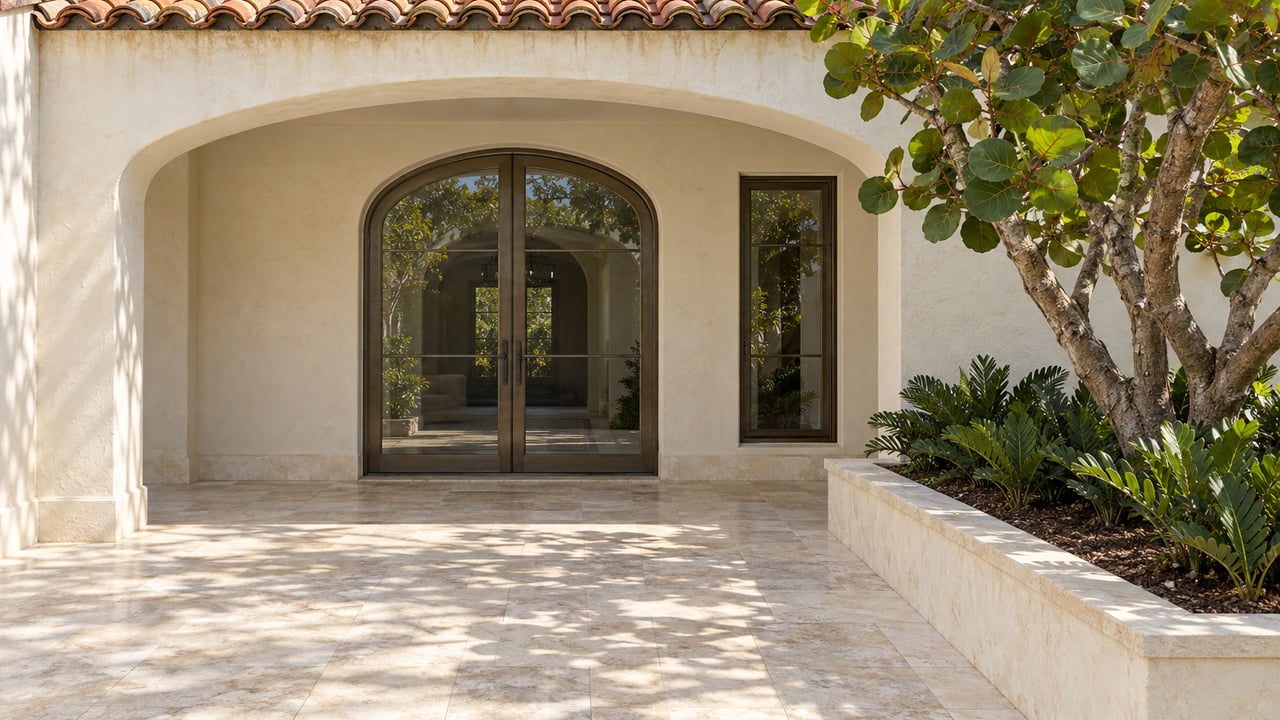 Cream stucco terrace with an arched bronze-framed glass doorway, pale limestone paving and a sculptural sea grape tree in a raised planting bed.