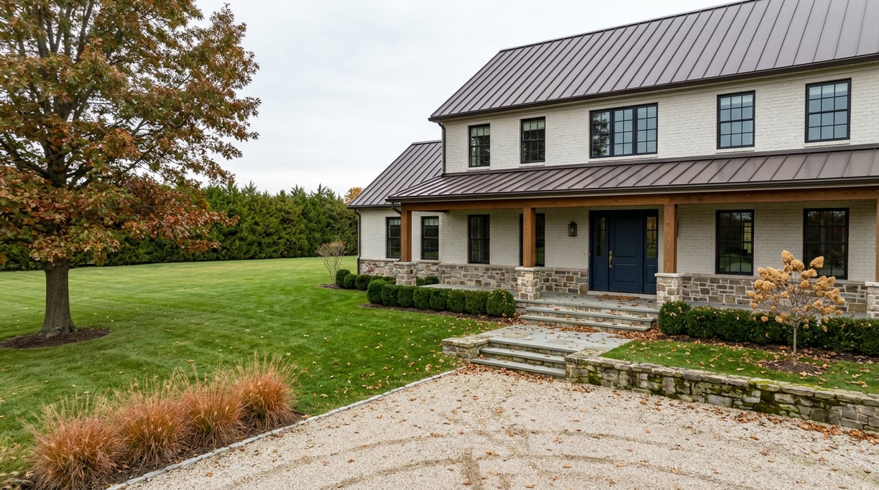 Countryside farmhouse with fieldstone and painted-brick facade, navy front door, deep lawn, and rust-edged oak leaves.