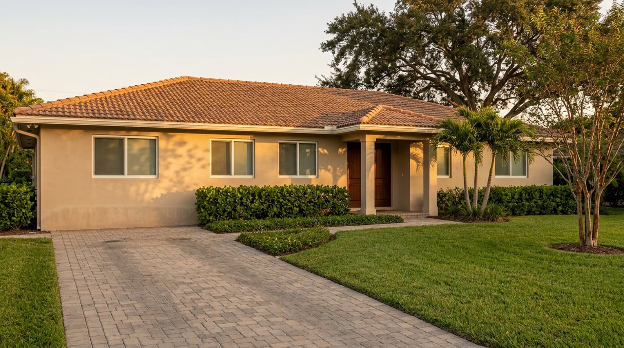 Updated stucco ranch home with a terracotta tile roof, broad lawn, paver driveway, and palms by the entry.