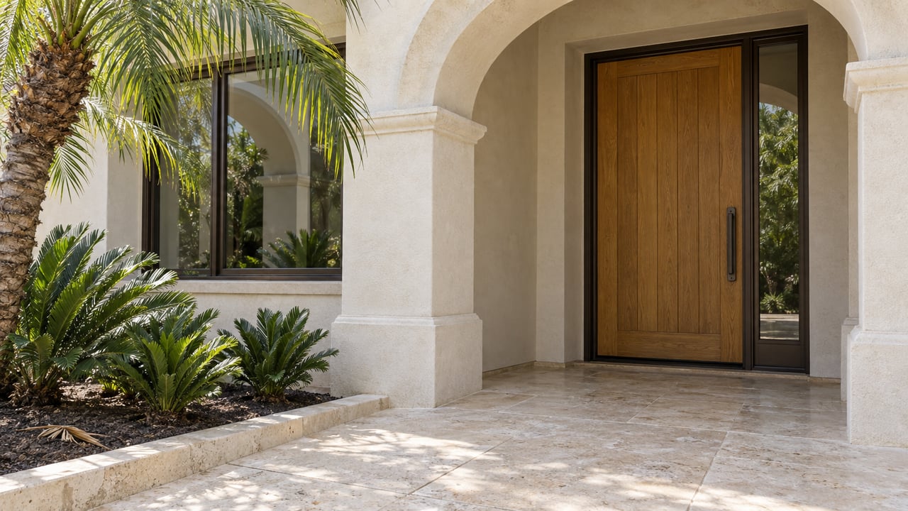 Sunlit white stucco arch framing a recessed oak front door, with limestone paving, a curved palm and low coontie planting.