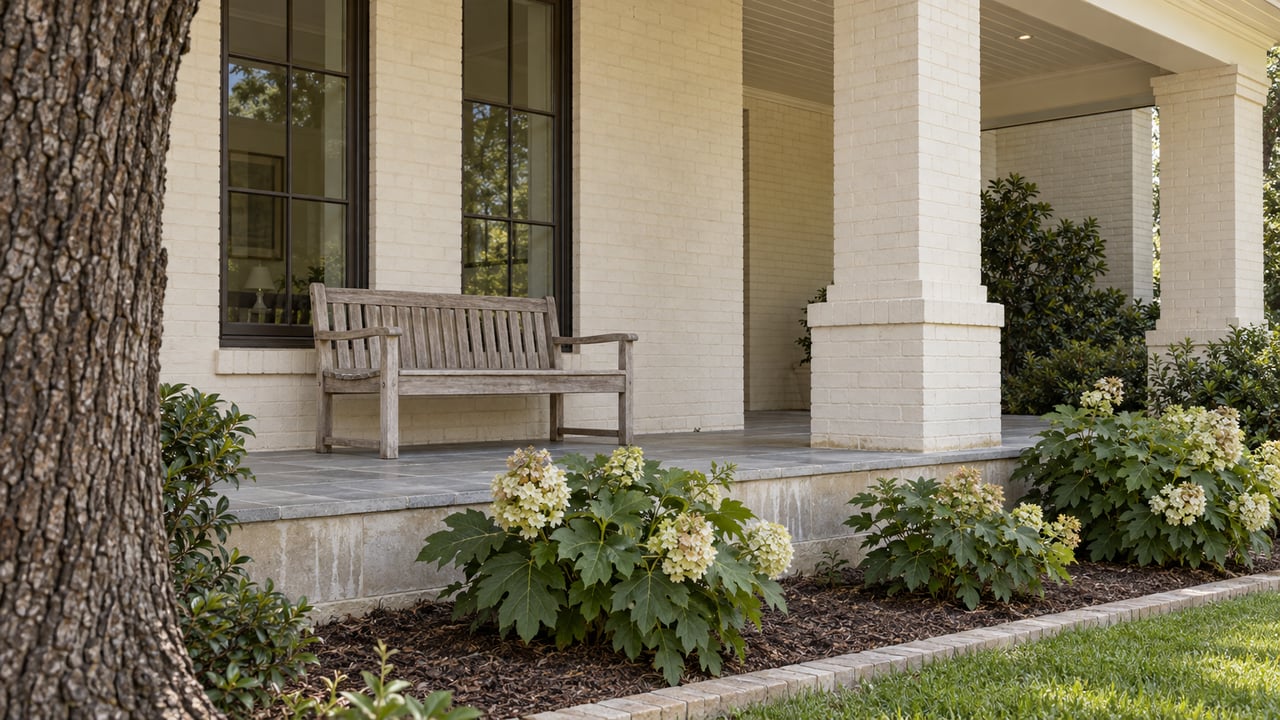 Cream brick home with tall bronze-framed windows, a shaded limestone porch, a weathered teak bench and oakleaf hydrangeas beside a mature oak trunk.