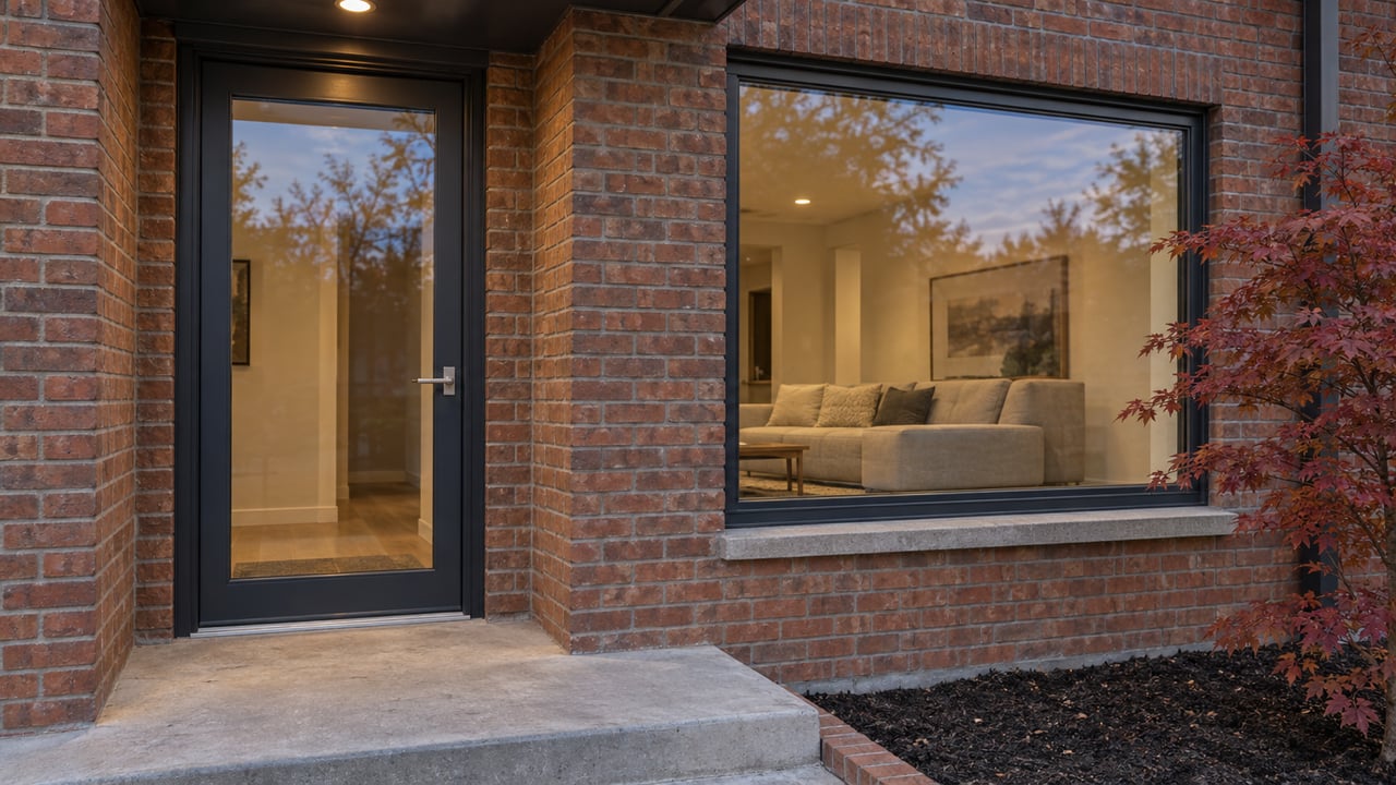 Early-evening view of a brick residential entry and broad window revealing a softly lit living room, with concrete steps and red Japanese maple leaves.