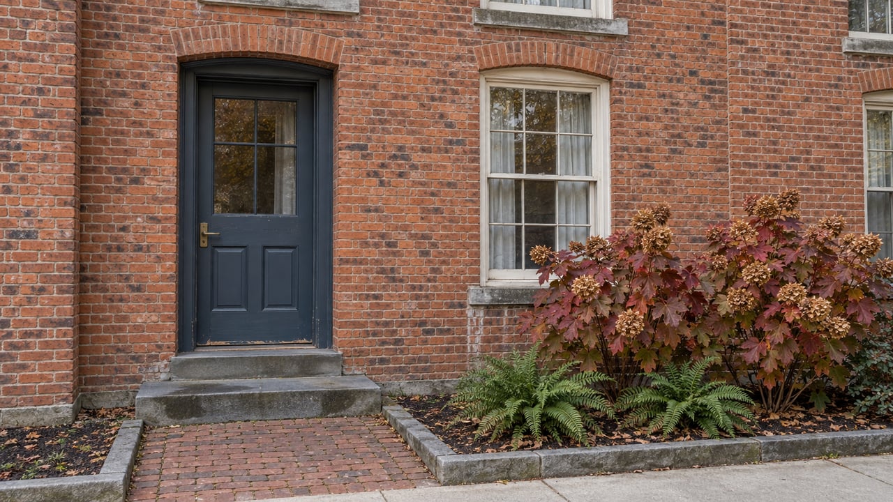 A slate-blue townhouse door and tall sash window set into weathered red brick, with bluestone steps and burgundy oakleaf hydrangeas.