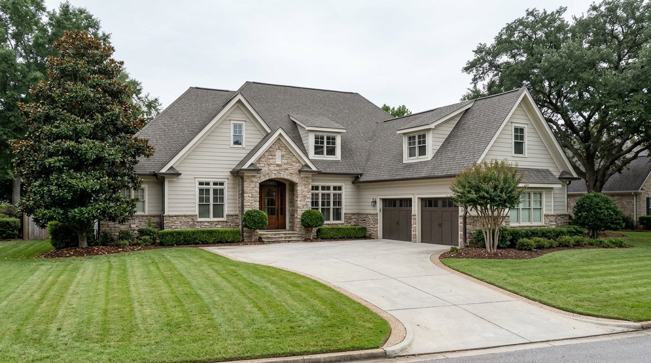 Stone-accented transitional home with a broad curved driveway, manicured lawn, and magnolia and oak trees.