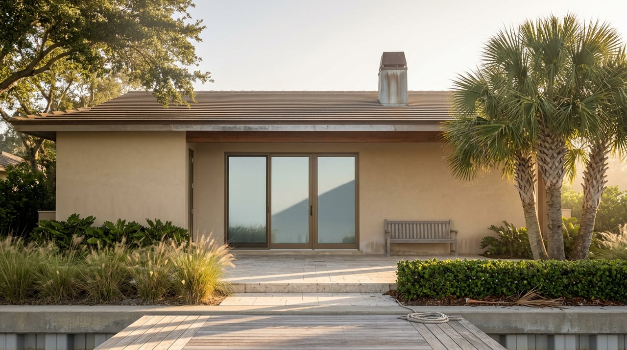 Canal-front home with a travertine terrace, glass doors, palms, and oak branches in morning light.