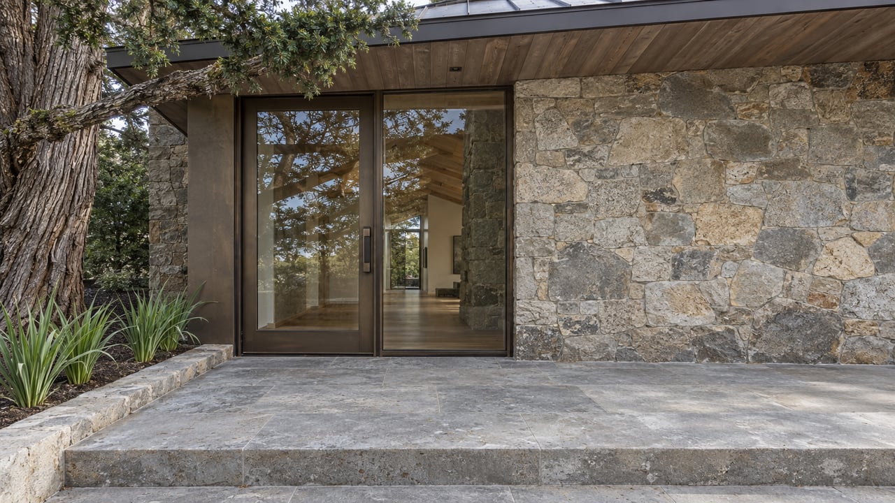 A glazed bronze-framed entry beside a textured stone wall, beneath a cedar soffit, with a limestone landing and mature cypress branch.