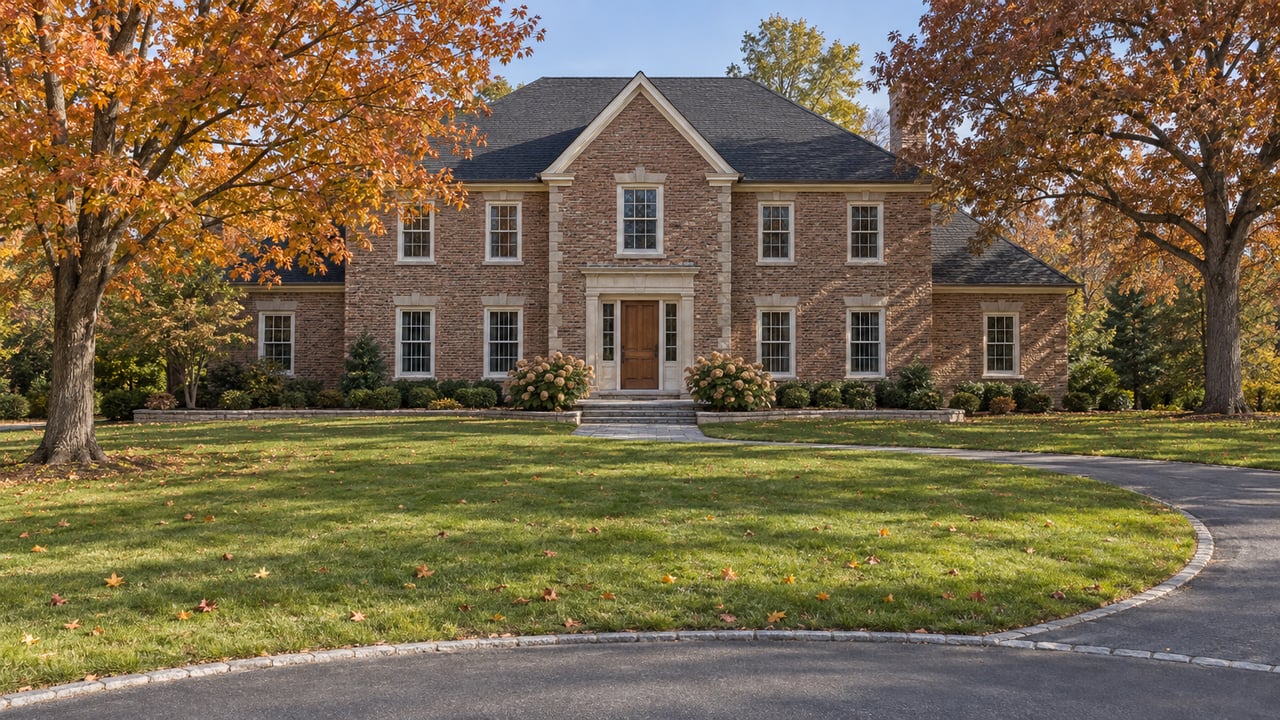 A brick and limestone two-story home beyond a deep lawn and curved driveway, framed by mature trees with autumn foliage.