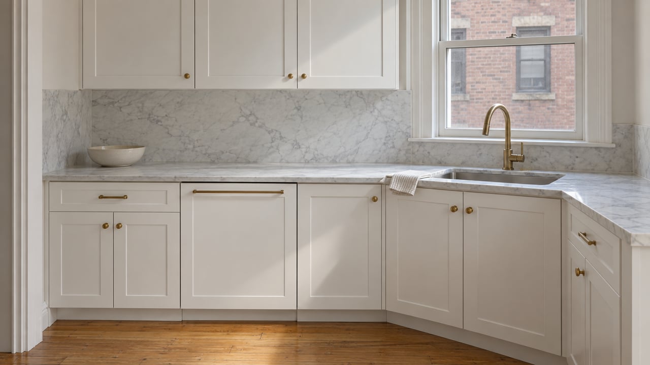 Daylit apartment kitchen with white Shaker cabinets, honed marble counters, brass fixtures, and a closed window overlooking a brick wall.