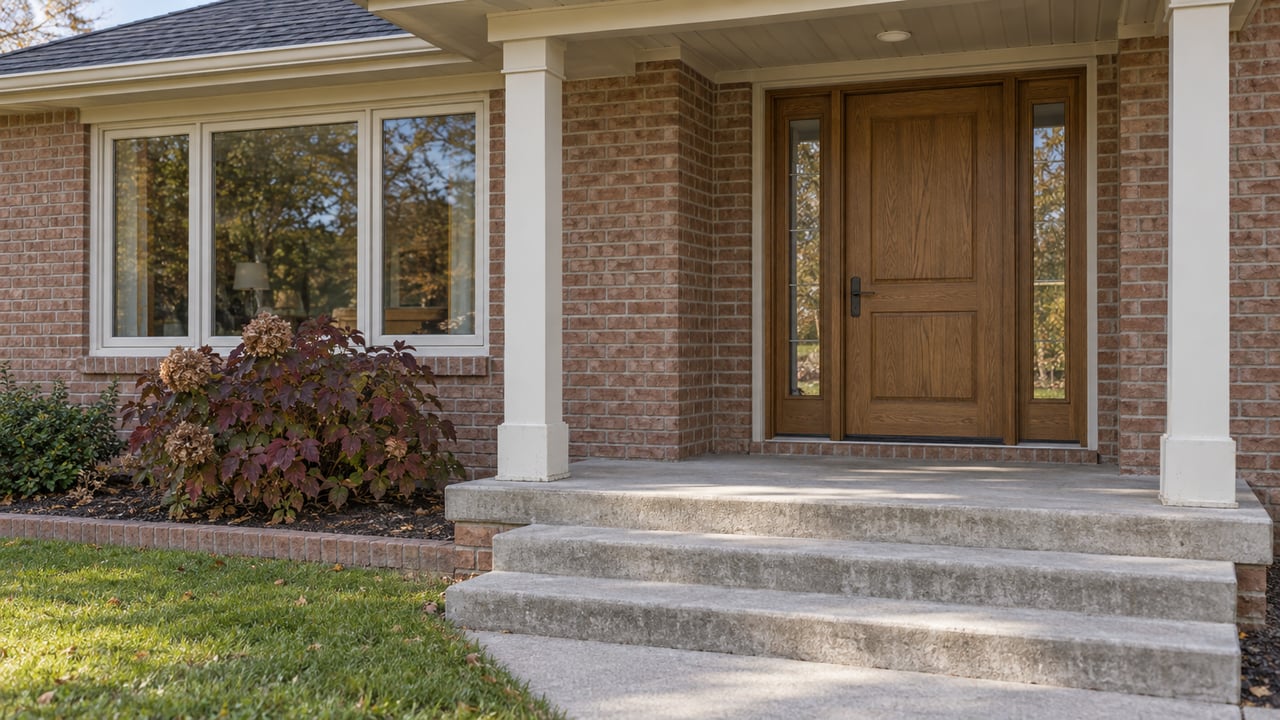 Brick home's covered entrance with an oak door, ivory trim, concrete steps and autumn oakleaf hydrangea.