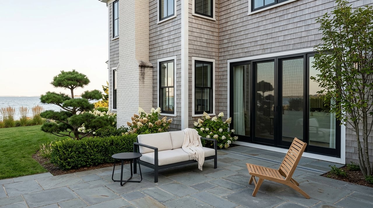 Shingle-and-brick home with a furnished terrace overlooking the water