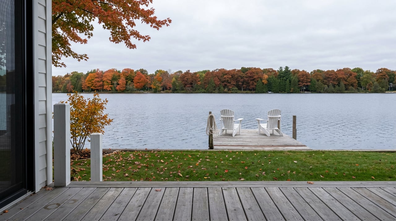 Lakefront dock with two white Adirondack chairs, a narrow lawn, and an orange-red fall treeline beneath overcast skies.