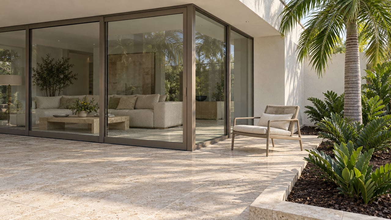 Sunlit limestone terrace beside a white stucco home with bronze-framed glass doors, neutral furnishings and a sculptural palm.