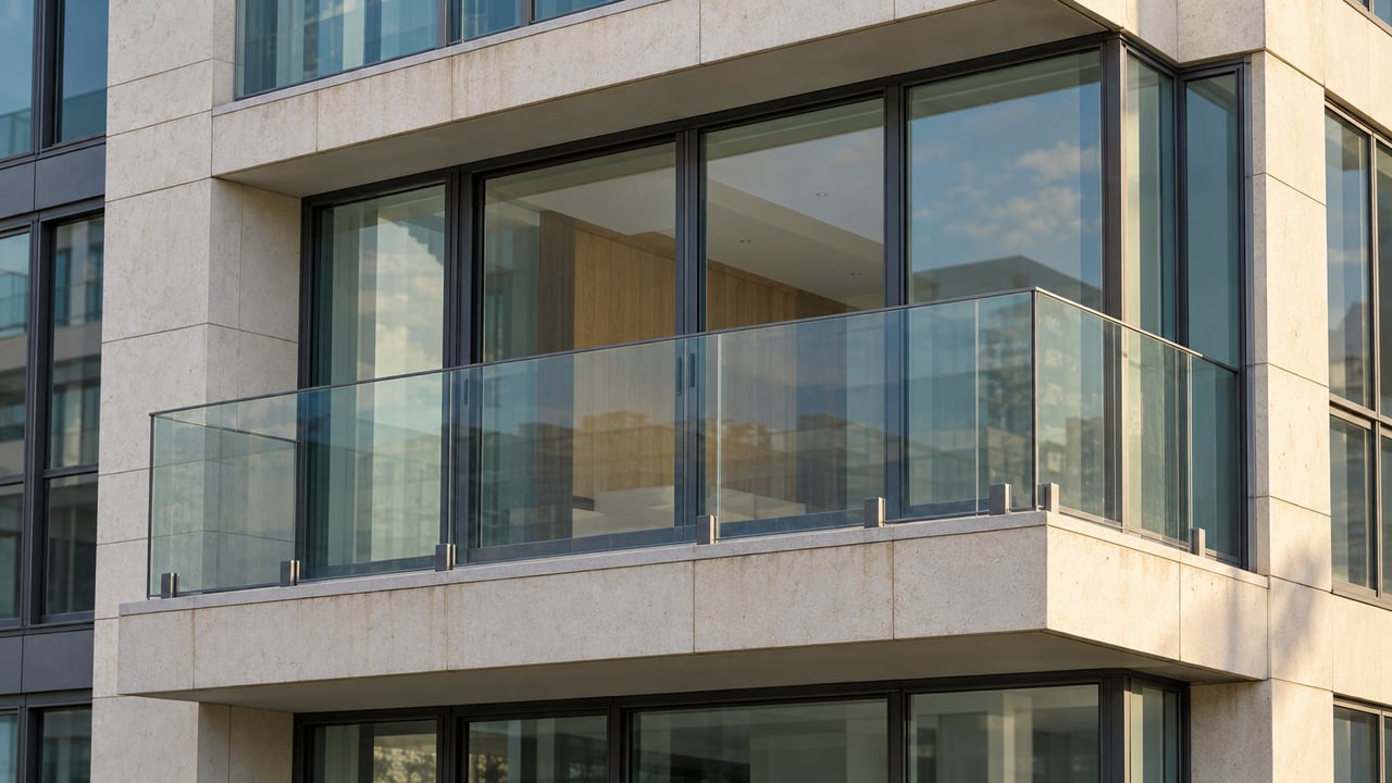 A projecting glass balcony against pale limestone and blue-green condominium windows in afternoon light.