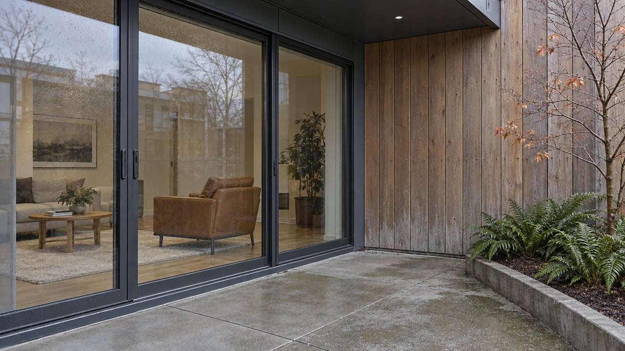 Covered contemporary residential terrace with damp concrete paving, cedar siding and closed glass doors revealing a warm living room.