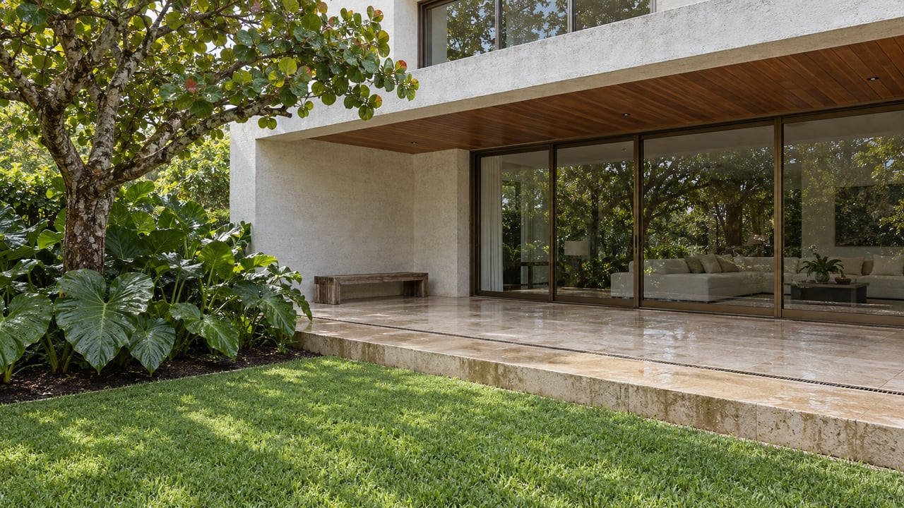 White concrete villa with a wood-lined covered terrace, closed glass doors, limestone paving and a rain-fresh tropical garden.