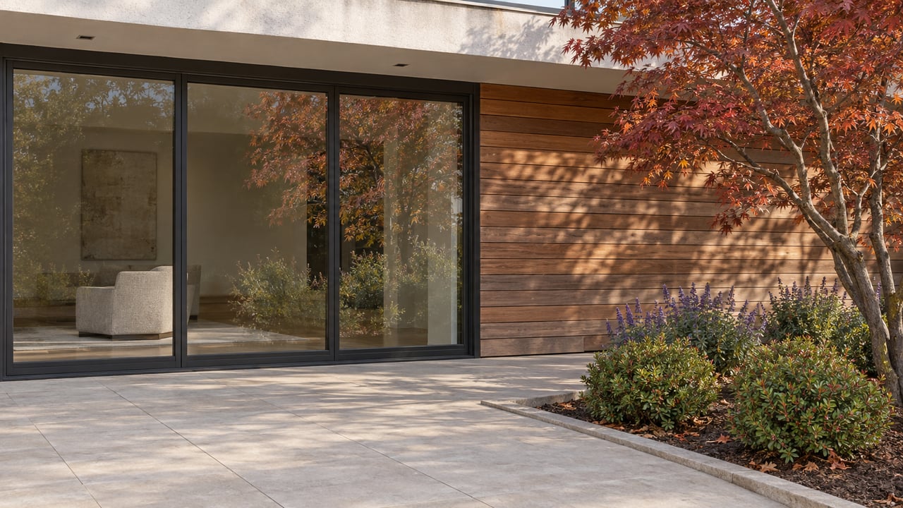 White stucco and cedar-clad home opening visually onto a limestone terrace through dark-framed glazing, beside a red-leaved maple and drought-aware planting.