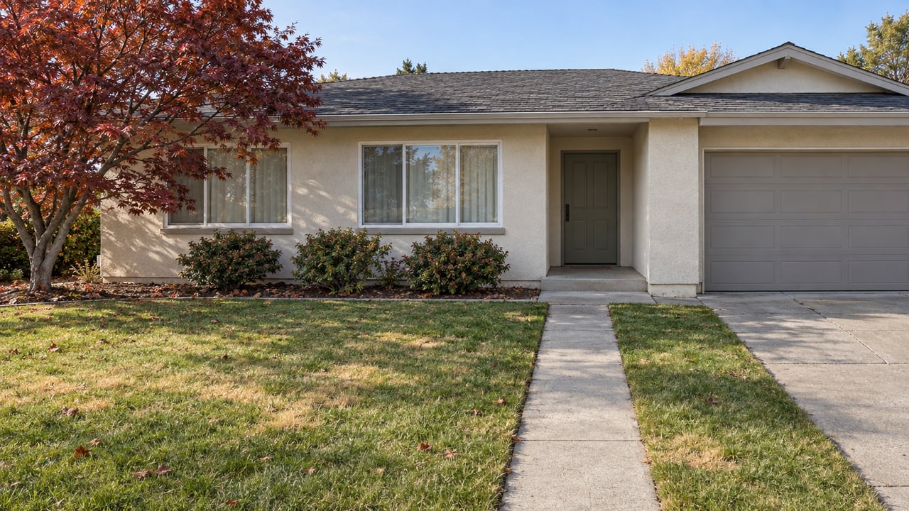 Single-story stucco ranch with a deep front lawn, concrete walk and burgundy Japanese maple in autumn afternoon light.