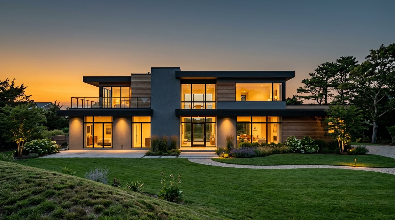 Modern white stucco home at dusk, warm light glowing through black-framed windows beside a stone path across the lawn.
