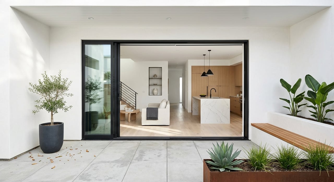 Open black-framed sliders connect a small paver patio with planters and a bench to a pale-oak great room.