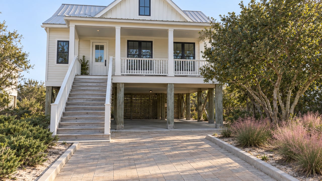 Ivory elevated house with a gabled metal roof, front stair, sandy planting beds and a sunlit paver approach.