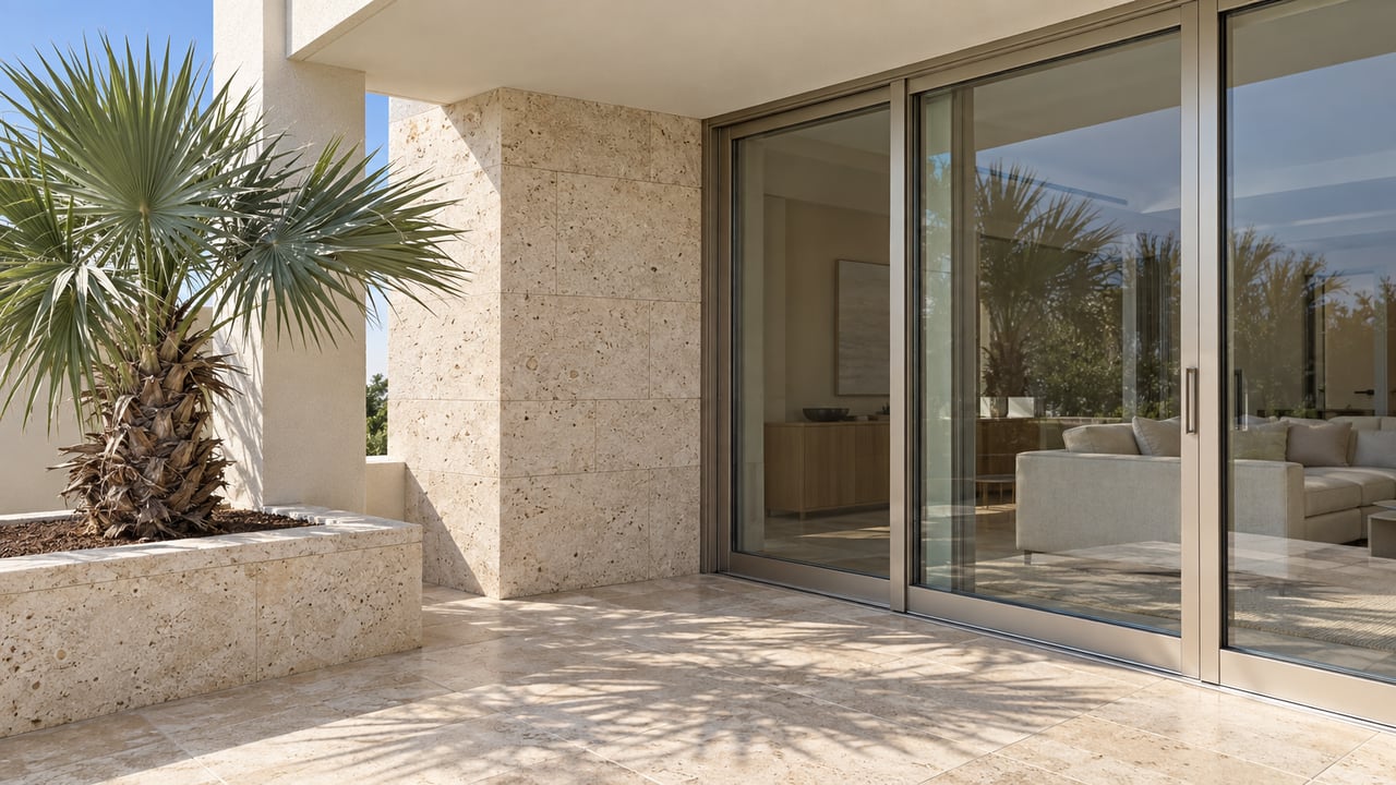Sunlit condominium terrace with pale stone paving, closed champagne-framed glass doors and a silver-green fan palm in a raised limestone planter.