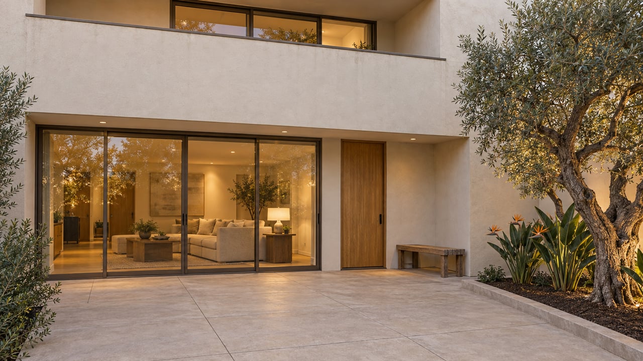 Ivory stucco residence with bronze-framed glass, a recessed balcony and a paved terrace beside an olive tree at dusk.