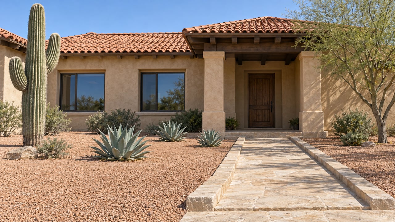 Sand-colored stucco home with a terracotta roof, shaded timber entry, limestone walk, saguaro, agaves and a branching desert tree.