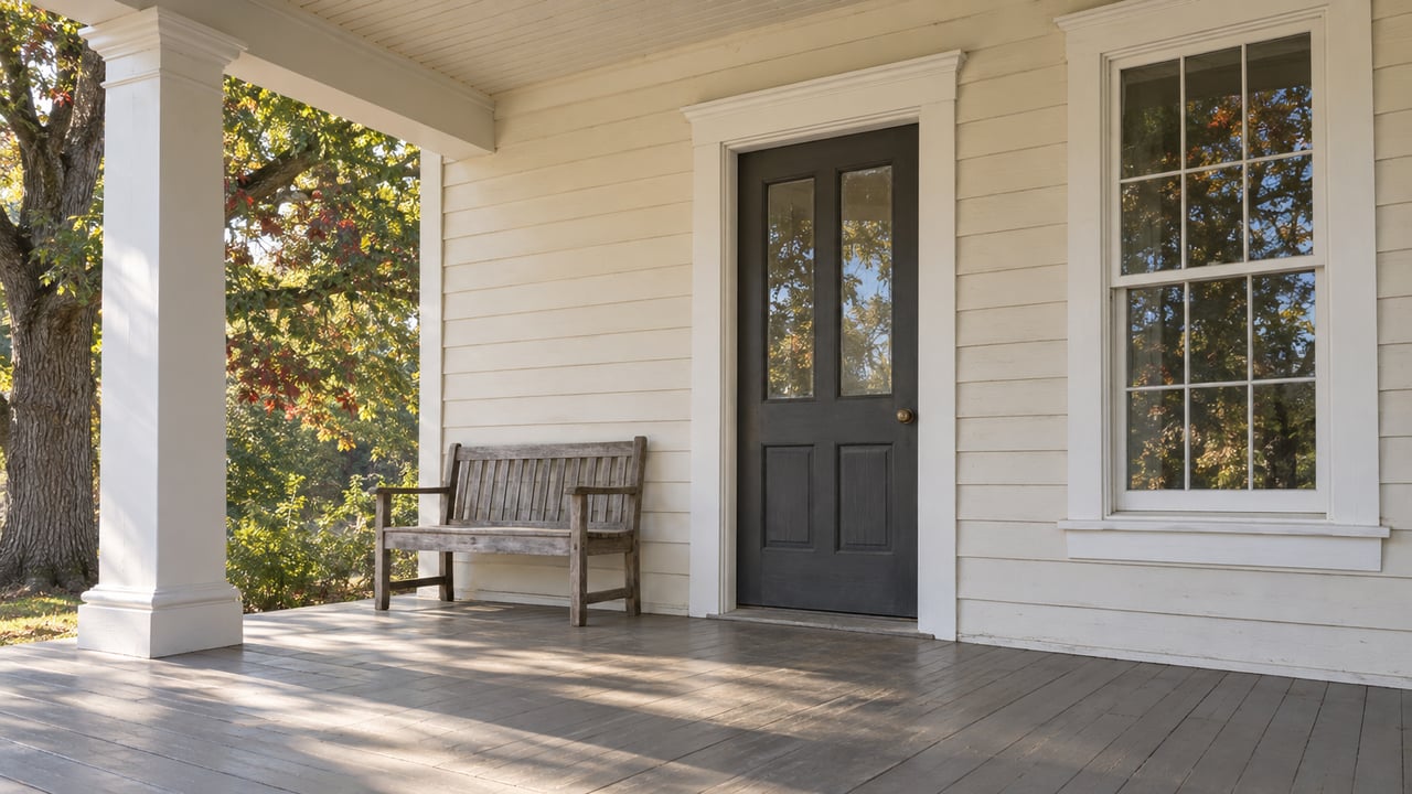 Morning light across a painted wood porch, charcoal entry door, oak bench, and a mature oak retaining mostly green autumn leaves.