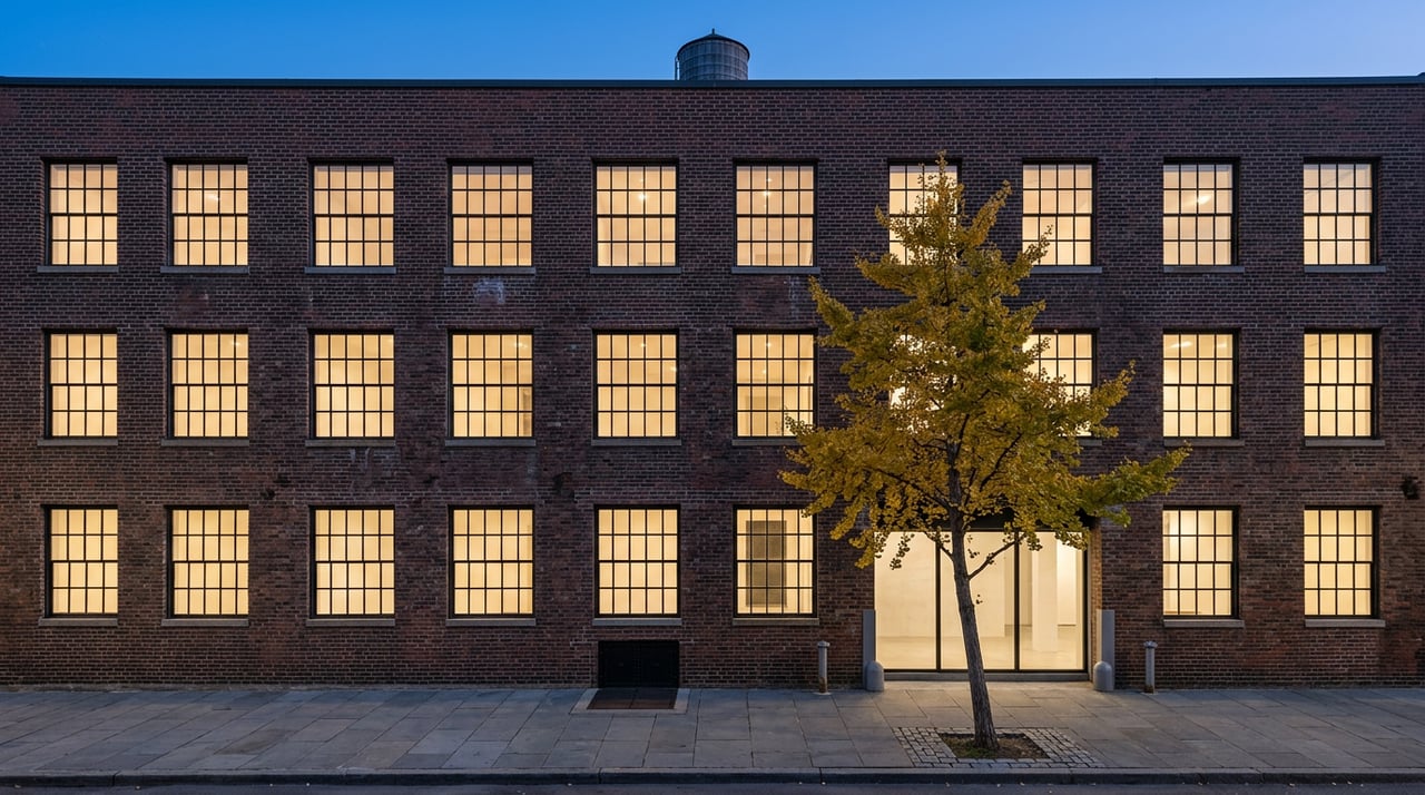 Five-story brick loft with glowing factory windows, a gold-leaved ginkgo, and a glass storefront at dusk.