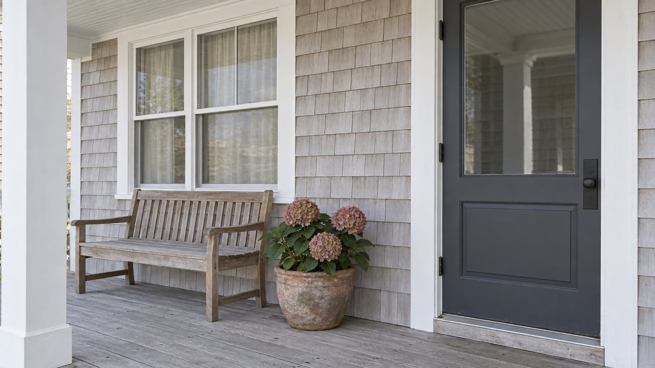 Raised porch with gray cedar shingles, a charcoal glazed entry door, weathered teak bench and one potted hydrangea.