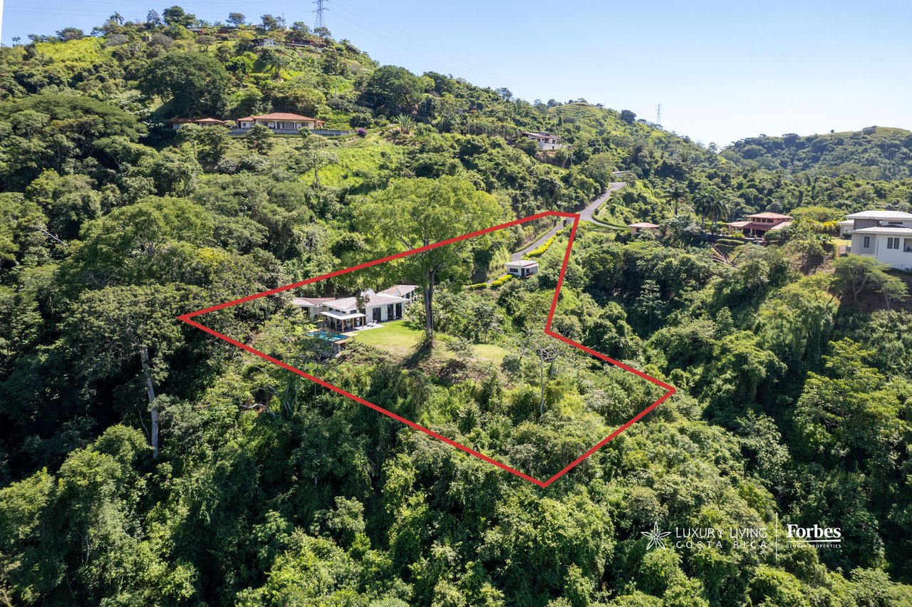 Aerial view of a modern hillside home and pool within a red-outlined lot surrounded by dense greenery.