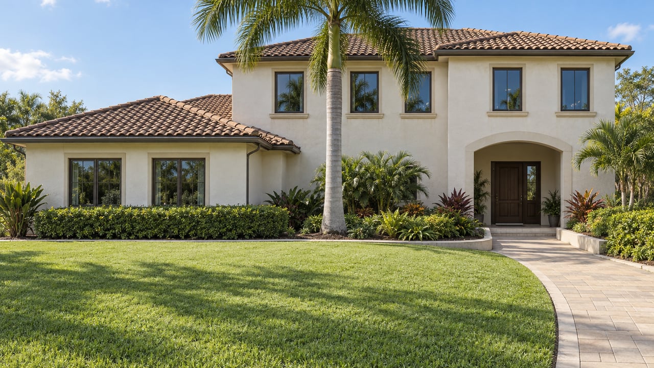Ivory stucco home with a brown tile roof, broad green front lawn, a royal palm and a curved beige paver approach.