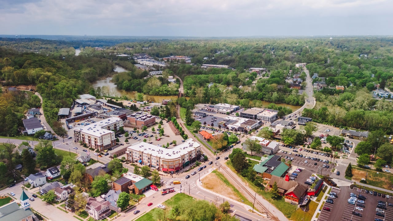 Aerial view of Loveland, Ohio, the Sweetheart of Ohio, showing neighborhoods, parks, and the Little Miami River.