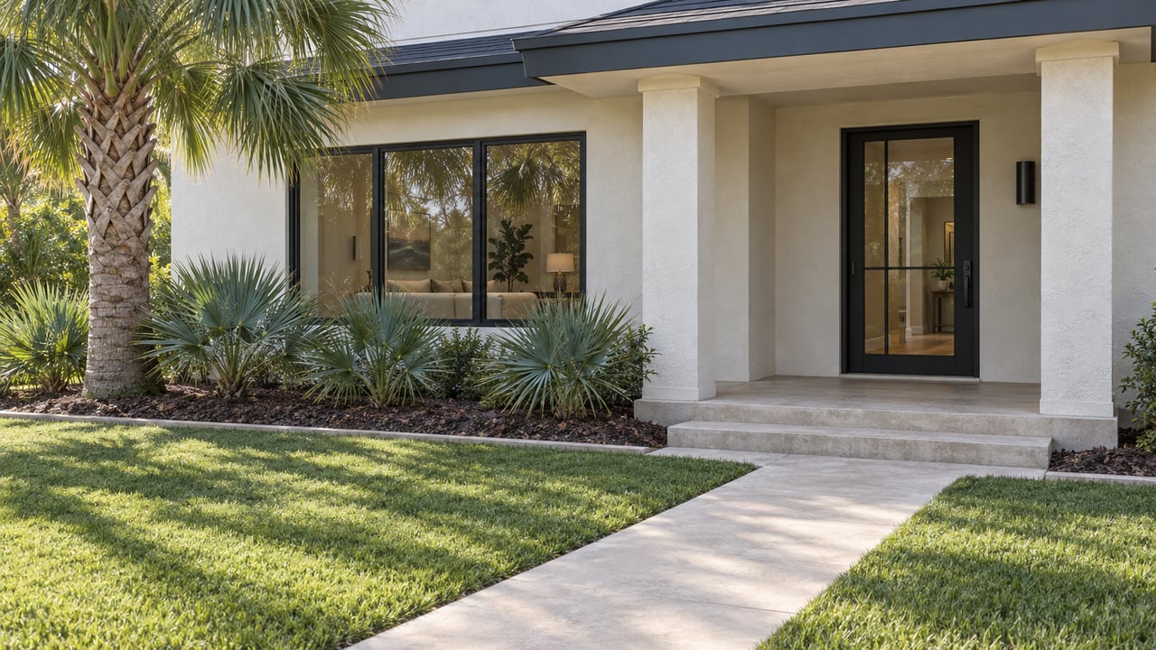 White stucco home with black-framed glass, a shaded front porch, pale concrete approach, and a sculptural palm beside a deep lawn.