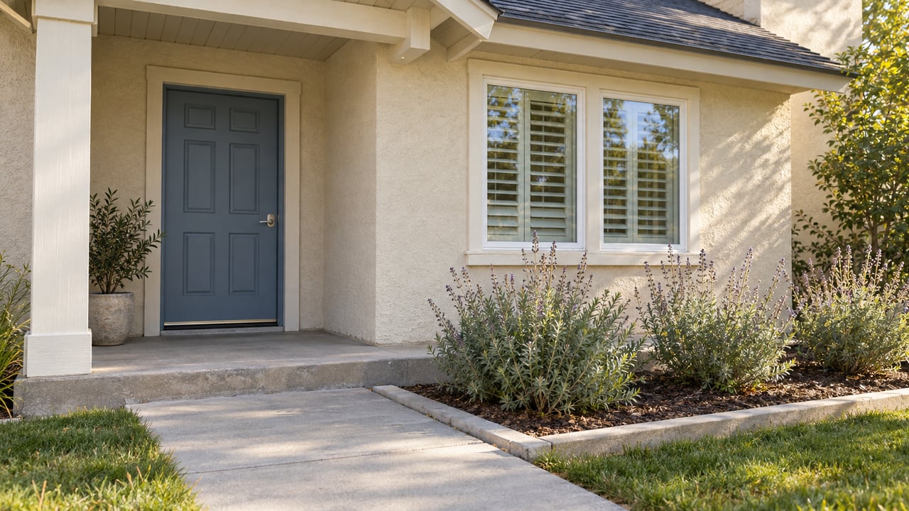 Cream stucco home with a blue-gray front door, shaded porch, paired window and sage beside a concrete approach.