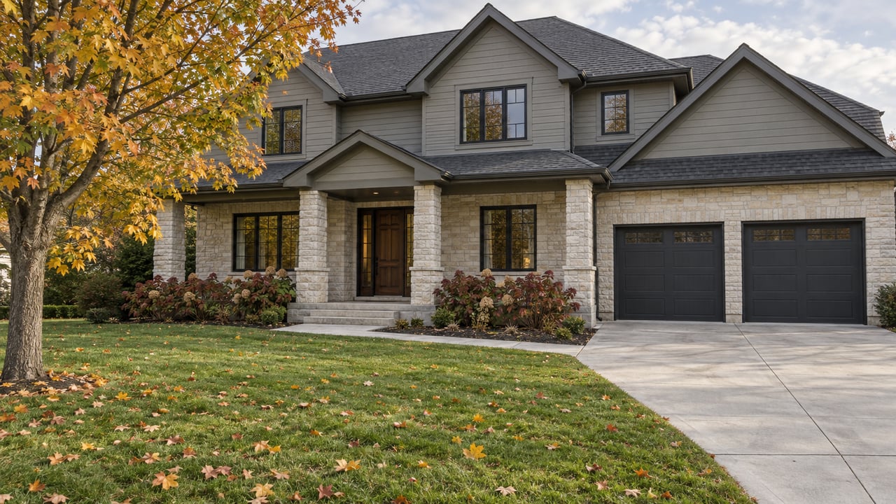 Autumn lawn and a mature maple in front of a two-story stone-and-siding home with a covered porch and two-car garage.