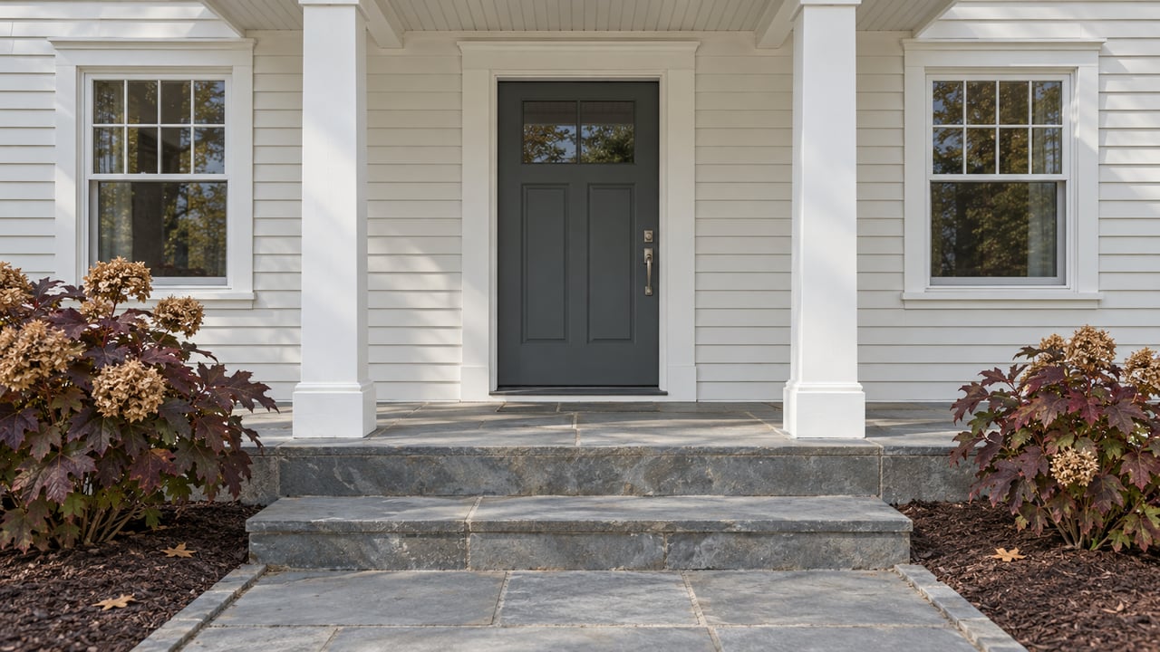 White clapboard home entry with a slate-gray door, paired windows, bluestone steps and burgundy oakleaf hydrangeas.