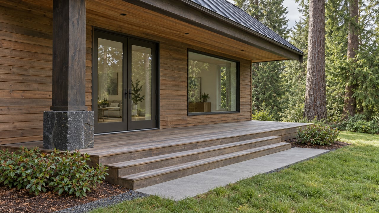 Cedar-clad house with a glazed side terrace, ash deck, three steps, and mature trees beyond the lawn.