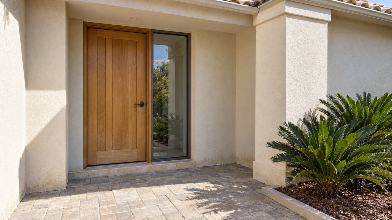Recessed wood front door and bronze-framed sidelight beneath a pale tiled roof, with a paver approach and two coontie plants.