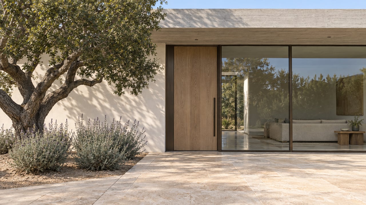 Sunlit limestone approach leading to a sheltered oak entry and bronze-framed glass wall, with a sculptural oak tree and gray-leaved sage.