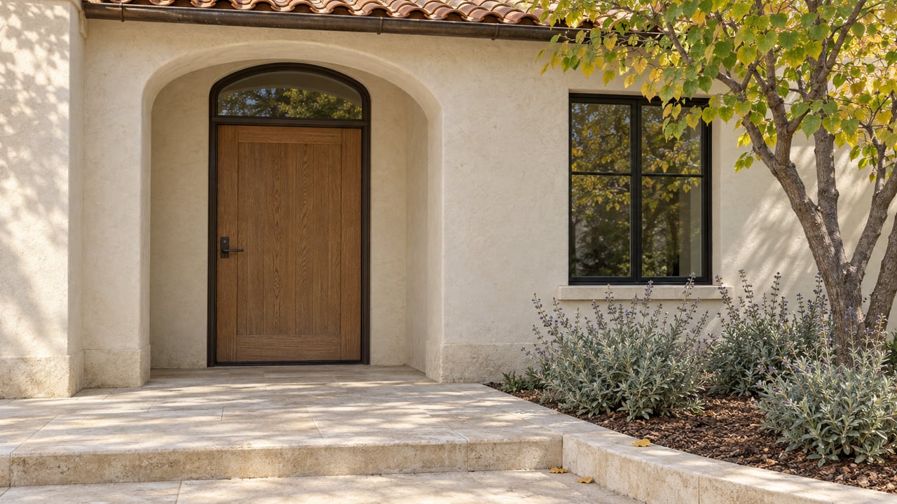 Sunlit ivory stucco entrance with an oak door, clay-tile porch roof, limestone steps, and a yellowing redbud tree.